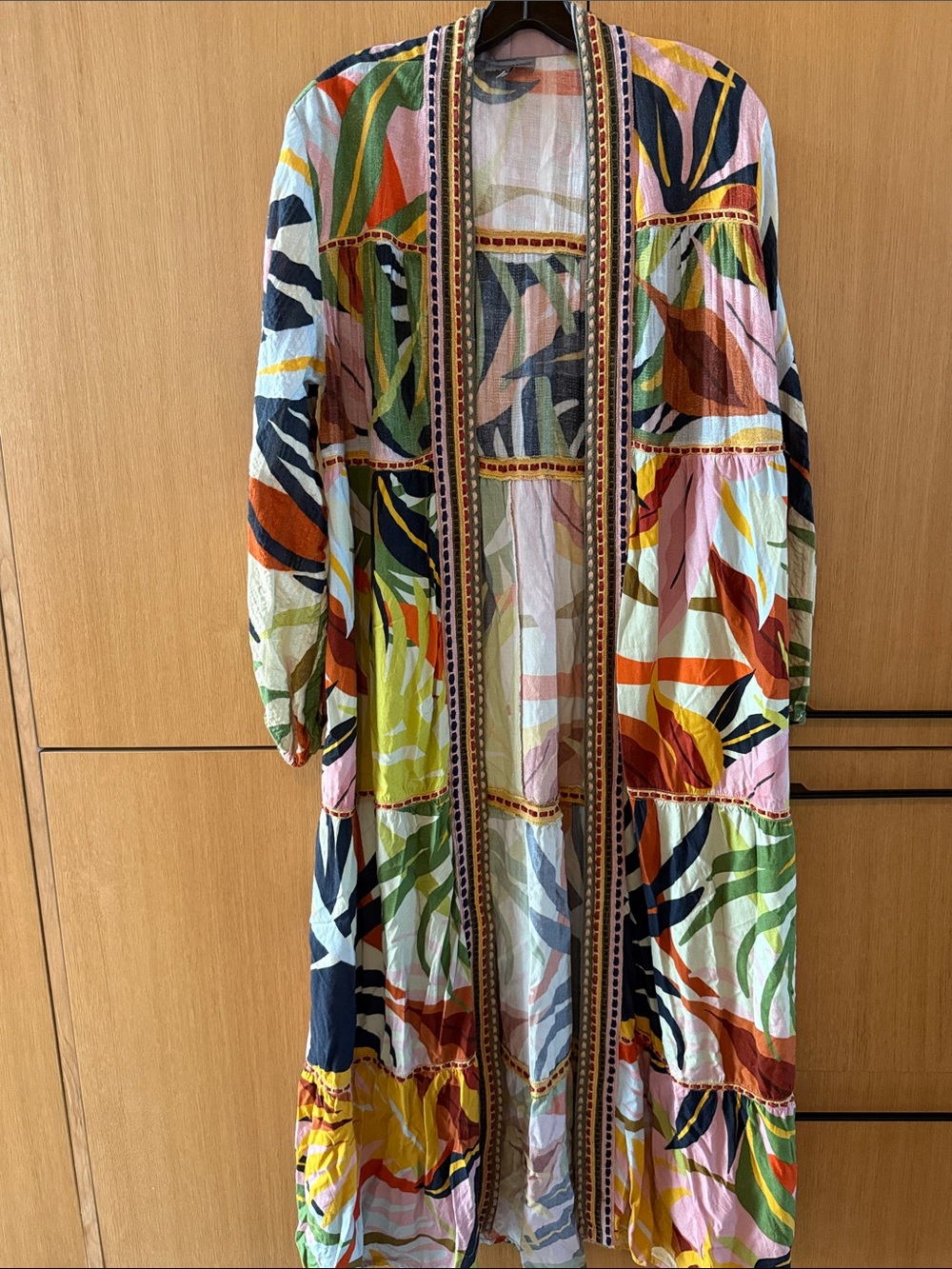 Anthropologie Conditions Apply Tropical Leaf Duster Boho Embroidered Trim Kimono - Picture 13 of 14